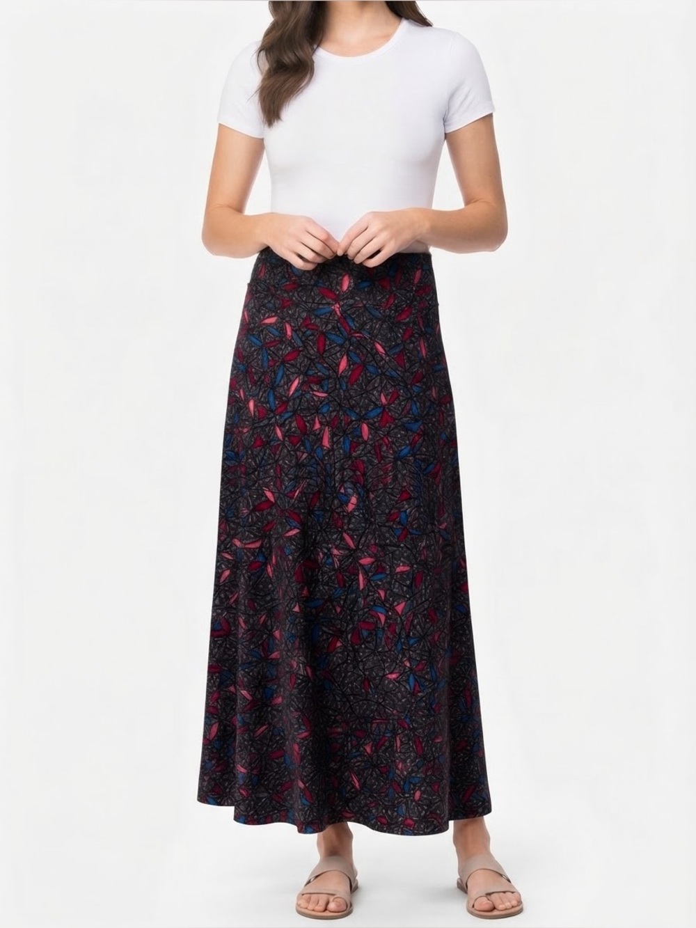 LuLaRoe Maxi Skirt in Coral, Teal & Brown Geometric Print